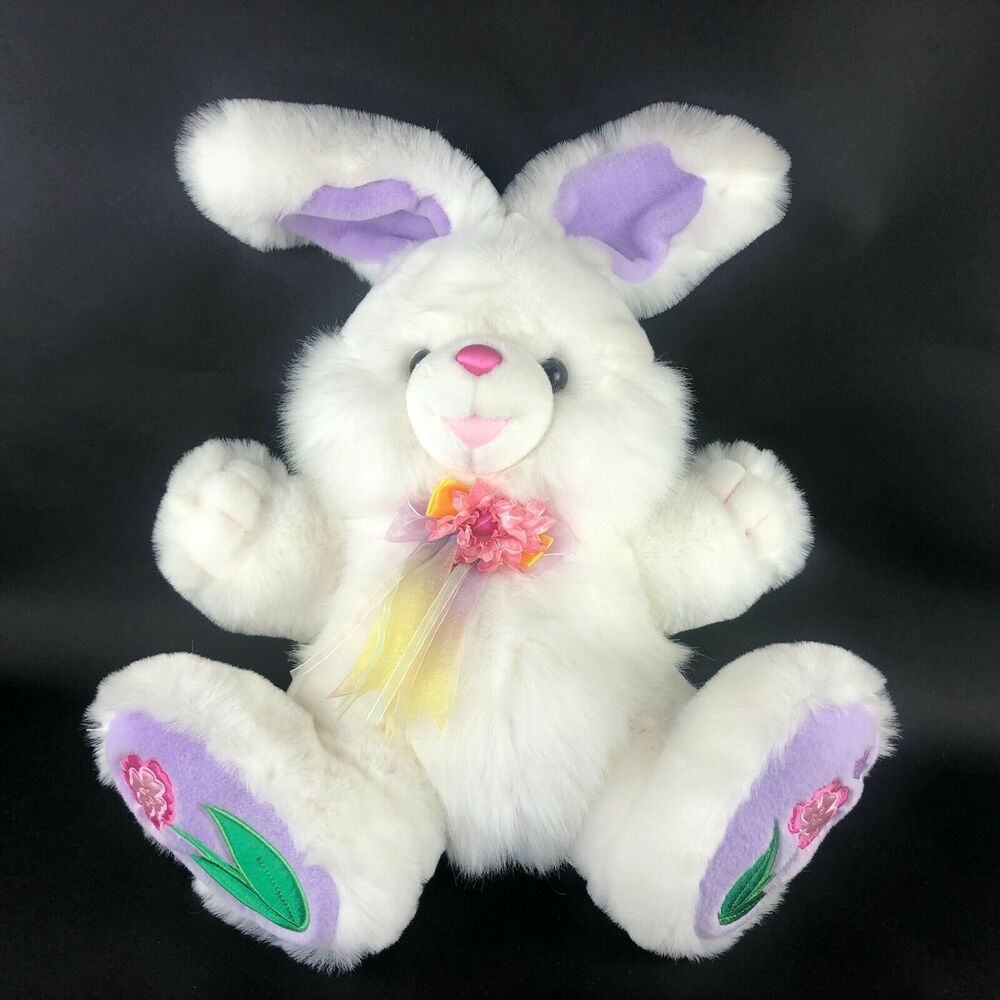 DanDee Hoppy Hopster Bunny Plush White Easter Rabbit Bow Flower Feet VTG